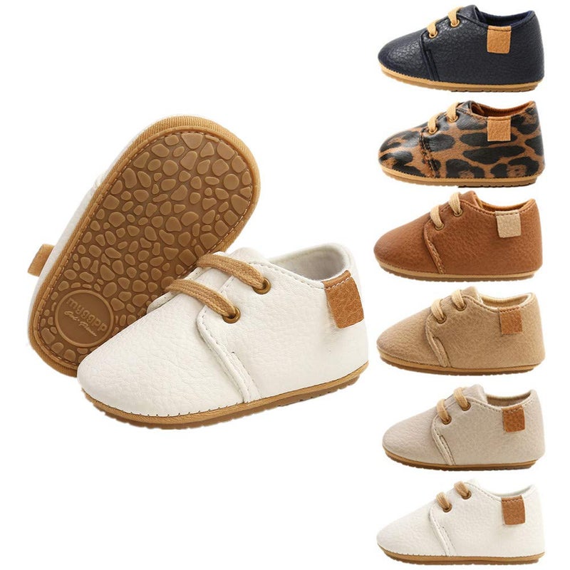 HsdsBebe Baby Boys Girls Oxford Shoes PU Leather Soft Rubber Sole Sneakers Anti-Slip Toddler Ankle Boots Infant Walking Shoes Moccasins(6-12 Months) A/White - Image 1